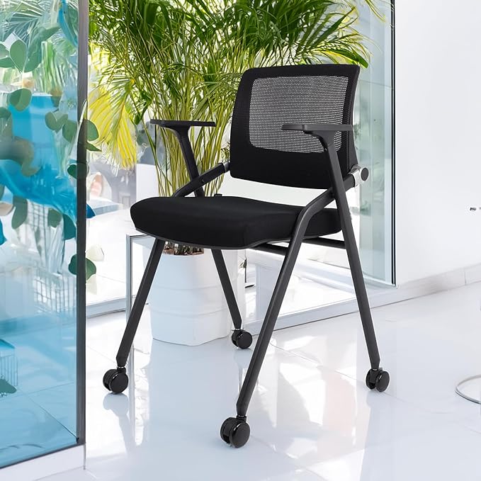 2 Pack Foldable Office Chairs with Wheels, Mesh Back, Arms and Portable - Folding Office Chairs for Conference Room Chair, Office Guest & Reception & Meeting Chair - (Black) 300 lbs.