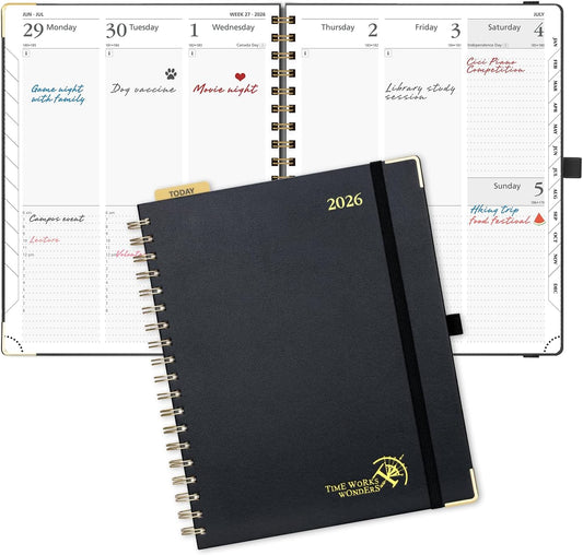 POPRUN 2026 Planner (Large Size 10'' x 8'' Wire-Bound Hard Cover) Daily Weekly and Monthly Calendar - Agenda 2026 (Jan.2026-Dec.2026) with Hourly Schedule, Monthly Tabs - Black