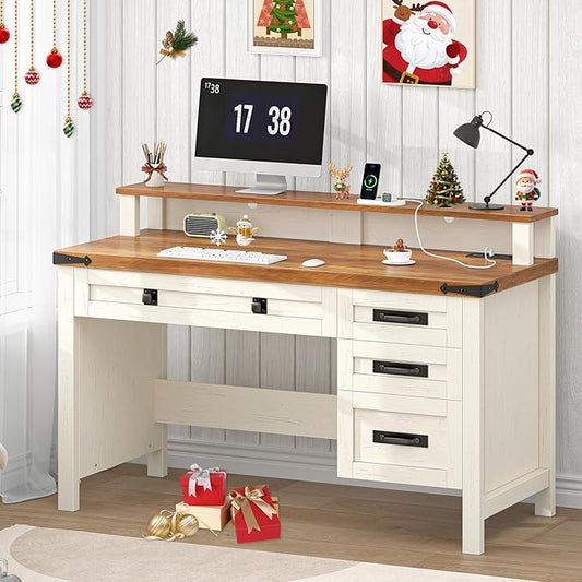 Farmhouse Executive Desk with Drawers, 47" Computer Desk with Power Outlets, Home Office Desk with Monitor Stand & 4 Drawers, Small Desk Writing Study Table, Antique White