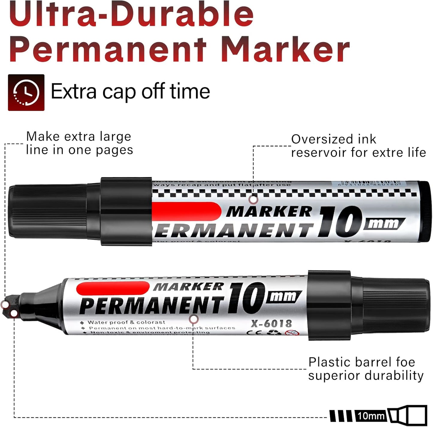 Thenshop 24 Pack Jumbo Size Permanent Markers Bulk Permanent Marker Set Chisel Tip Pens Waterproof for Industrial Use Work on Wood Metal Plastic Stone Glass(Black)