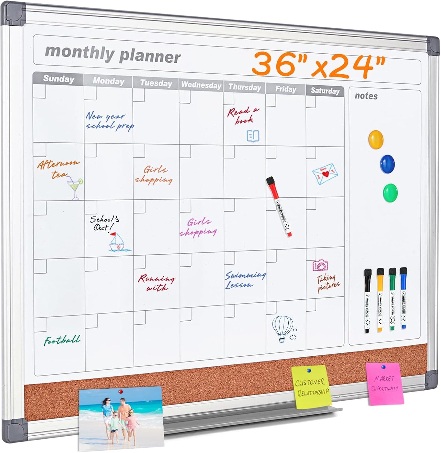MAKELLO Dry Erase Calendar for Wall 36x24 in, Large Calendar Whiteboard with Cork Board for Office, Home, School, Family, Kitchen and Bedroom, 3' x 2'