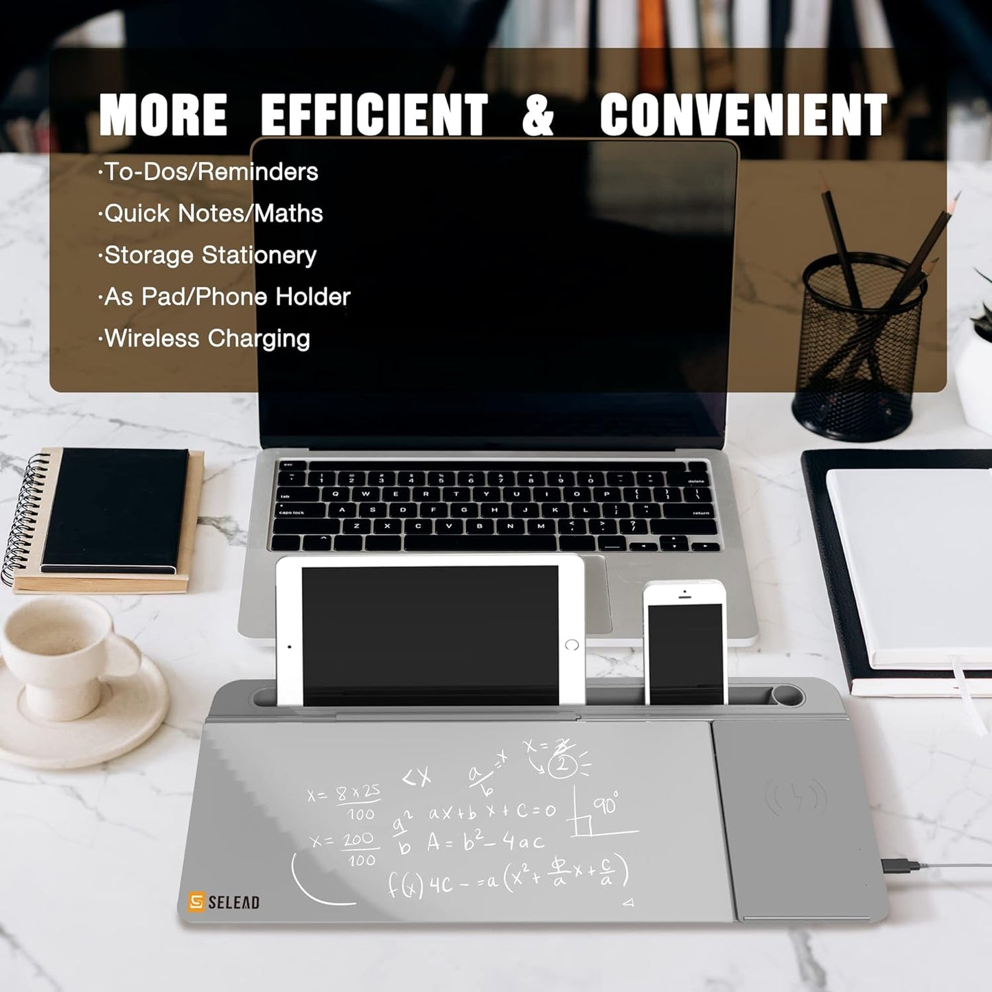 SELEAD Desktop Glass Whiteboard with Wireless Charger Station, Dry Erase White Board Computer Pad Keyboard Stand with Organizer for Home, School, Office Desk Accessories, Gray