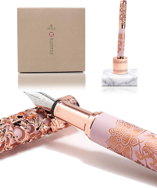 Luxury Fountain Pen Set With Stand - Museum Art Collections - Crafting Timeless Beauty - the Best Gift & Office Desk Decor, German SCHMIDT Fine Nib, Solid Metal & Marble Texture