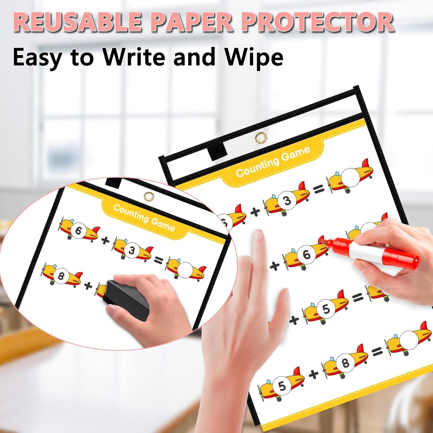 Antner 30 Packs Oversized Dry Erase Pockets Reusable Sleeves 10x13 Job Ticket Holders, Clear Plastic Dry Erase Pouches Heavy Duty Sheet Protectors for Teacher School Classroom Office Supplies, Black