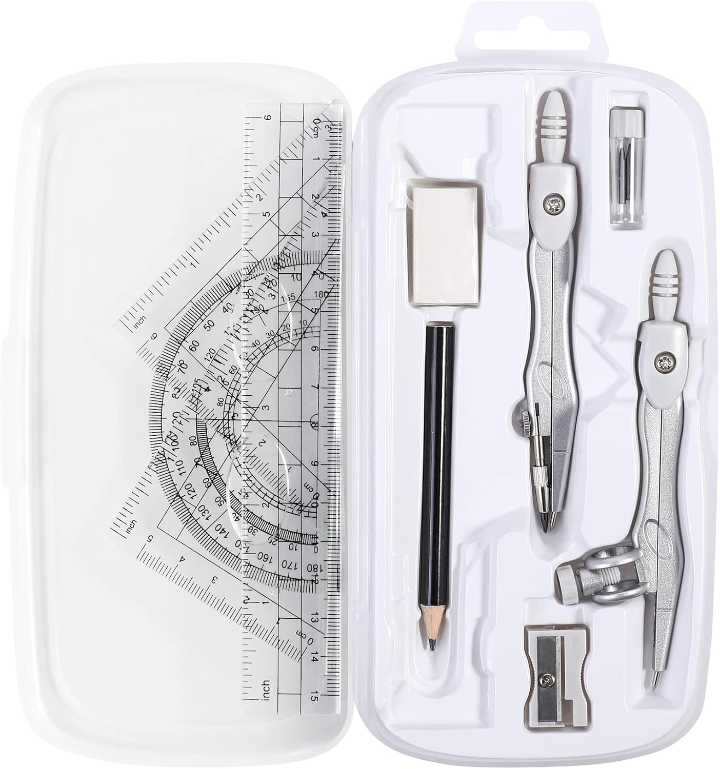 Math Geometry Kit Sets 10 Piece Student Supplies with Shatterproof Storage Box,Includes Rulers,Protractor,Compass,Eraser,Pencil Sharpener,Lead Refills,Pencil,for Drafting and Drawings（Grey）