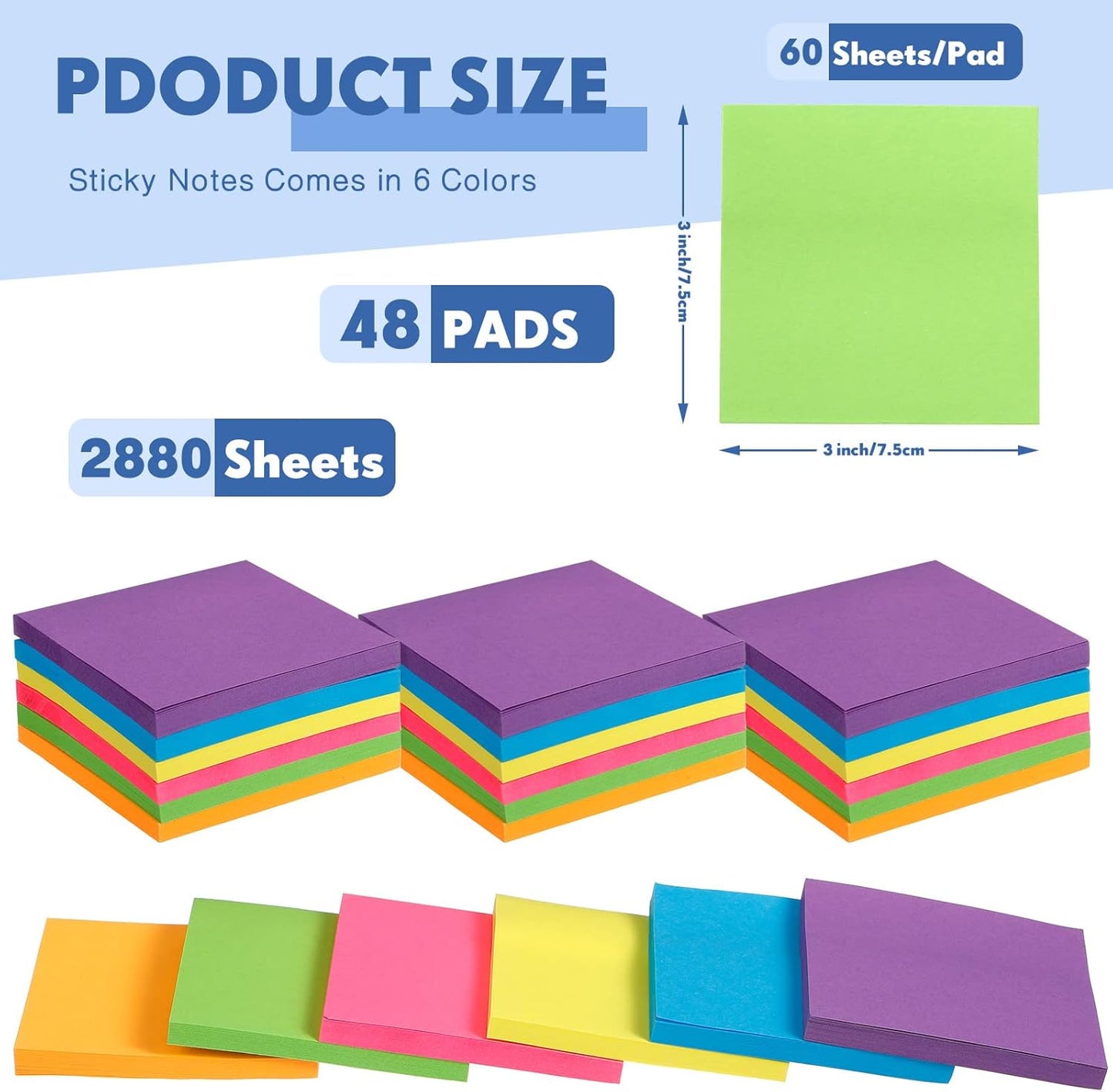 Leinuosen 48 Pack Sticky Notes 3 x 3 Inches Cute Sticky Notes Bright Colors Self Stick Pads Memo Easy to Post for Home Desk Office Notebook, Message Reminder, Stationary Supplies Office Supplies