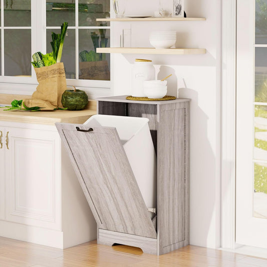 Tilt Out Trash Can Cabinet, Wooden Dog Proof Trash Can Cabinet Laundry Hamper, Hidden Large Recycling Bins for Kitchen, Living Room, Bathroom, Wash Grey