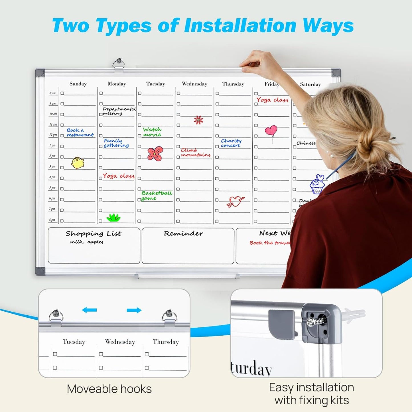 White Board Dry Erase Calendar for Wall, Magnetic Weekly Schedule-Board with Hourly Time Slots for Home, Office,Work, School, Hanging Double-Sided Whiteboard with Marker Tray, 36" × 24"