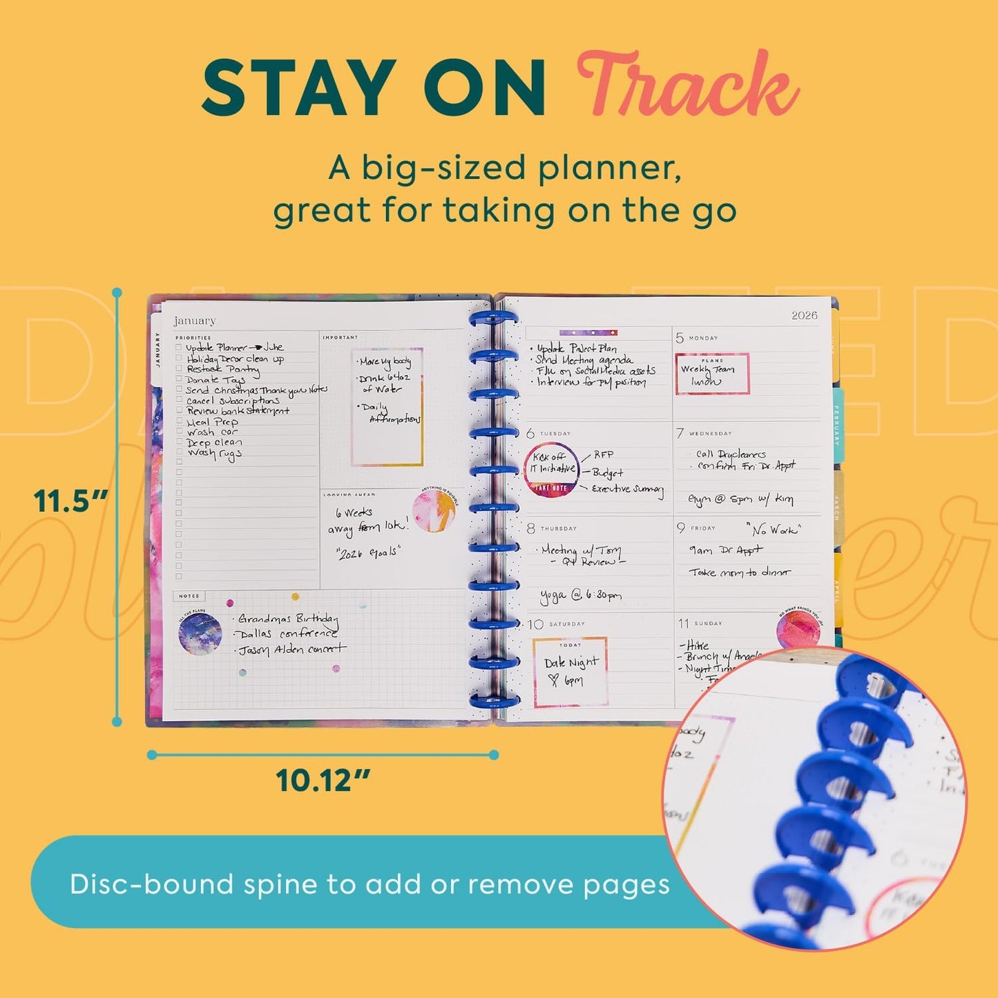 Happy Planner Disc-Bound Planner Jan.–Dec. 2026, Includes 3 Extra Months and 2 Sticker Sheets, Big Size, 8.5" x 11", Dashboard Layout, Bright & Bushy