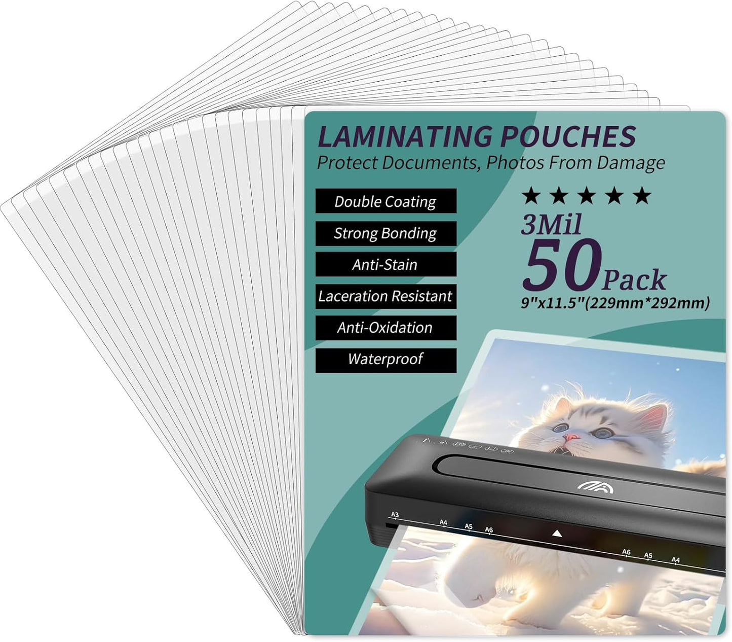 Laminating Sheets - 3Mil 50 Pack Thermal Laminating Pouches, 9"x11.5" Clear Laminate Sheets for Schedules, Menus, Certificates, Art Drawings, Round Corner