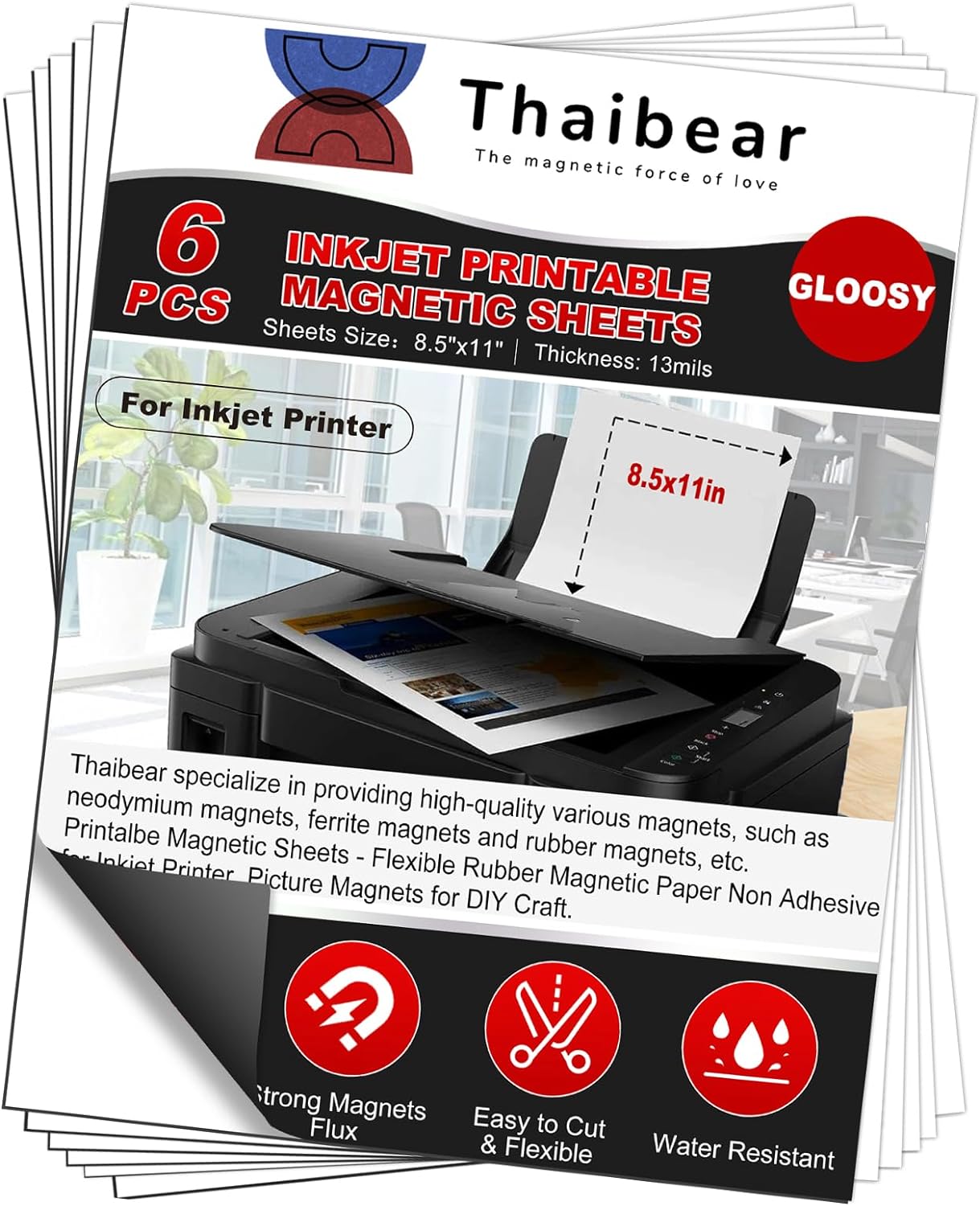 Thaibear Printable Magnetic Sheets, 8.5" x 11", 6 Pack Glossy Flexible Magnet Paper Sheets for Inkjet Printer, Magnetic Sheets Non Adhesive for Photo, Die Storage and Picture Magnets