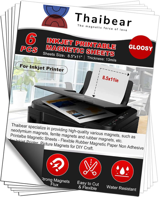 Thaibear Printable Magnetic Sheets, 8.5" x 11", 6 Pack Glossy Flexible Magnet Paper Sheets for Inkjet Printer, Magnetic Sheets Non Adhesive for Photo, Die Storage and Picture Magnets