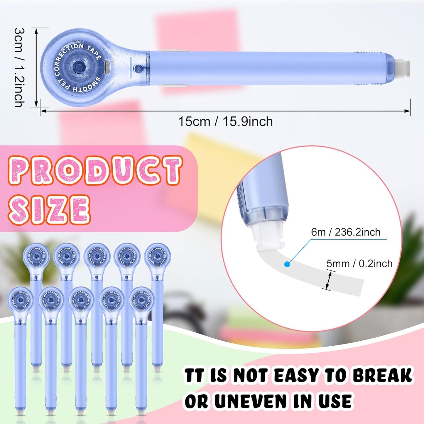 10 Pack Correction Tape Pen Correctional Ink Tape Push Pull Protective, Easy to Use Applicator for School Office Supplies, 0.2 x 236 Inch(Blue Color)