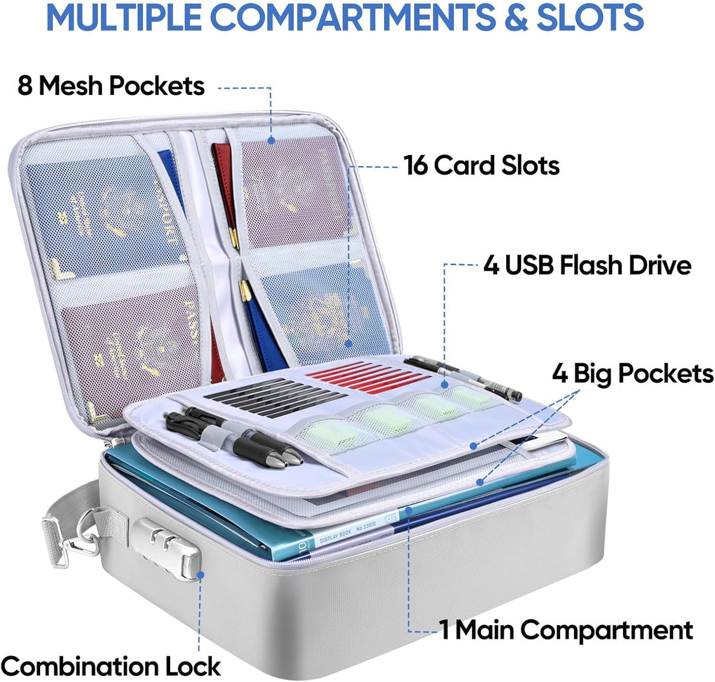 BALEINE Fireproof Document Box with Lock, Portable Fireproof Document Bag Waterproof Fire Proof File Boxes for Documents, File Organizer Box for Important Paperwork (Silver, 15''x11''x4'')