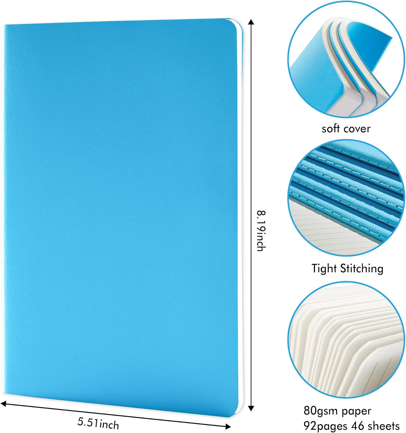 8 Pack Soft Cover Journal Bulk, Feela Notebooks College Ruled for Work, Lined Travel Journal for Women Men, Note Taking Notebook School Supplies Business Writing, 8.2” x 5.5”, A5, Blue