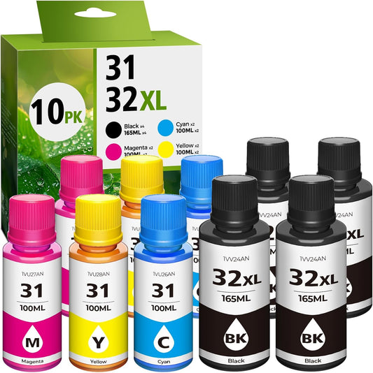 31 Ink 32XL Black Ink Bottle Set for Smart Tank 7602 6001 5101 7301 Ink Refill Compatible with HP 31 Ink 32XL Black Ink Bottle Set for Smart Tank 651 5000 5103 7001 5102 7002 7006 Printers, 10 Pack