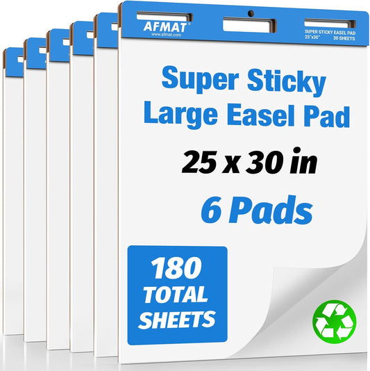 AFMAT Sticky Easel Pads, 25 in x 30 in Flip Chart Paper for Teachers, Ink Bleed-Through Resistant Easel Paper for Office/Classroom/Whiteboard/Wall/Windows, 30 Sheets/Pad, 6 Pads