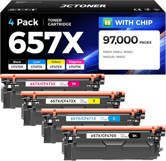 657X Toner Cartridge Set 4-Pack with Chip High Yield Replacement for HP 657X CF471X CF472X CF473X CF470X Compatible with HP Color LaserJet Enterprise Flow MFP M681f M681z M682z M681dh Printer Ink Copy