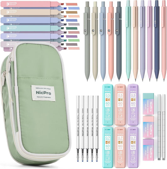 Nicpro 39 PCS Aesthetic School Supplies with Cute Pencil Case, 12 Color Pastel Highlighters, 5 Quick Dry Retractable Black Ink Pens, 6 Pastel Mechanical Pencil 0.5 & 0.7 mm for Student Stationary