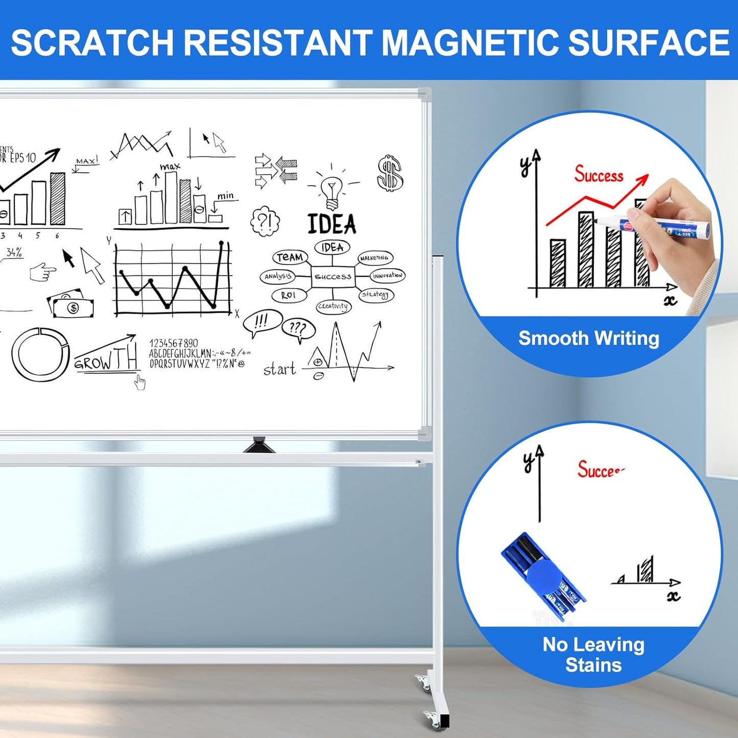 96"x48" Large Magnetic White Board Dry Erase Whiteboard with Rolling Stand 8’x4’ Double-Sided Mobile White Boards on Wheels, Including 3 Magnetic Erasers, 7 Markers, 30 Magnets
