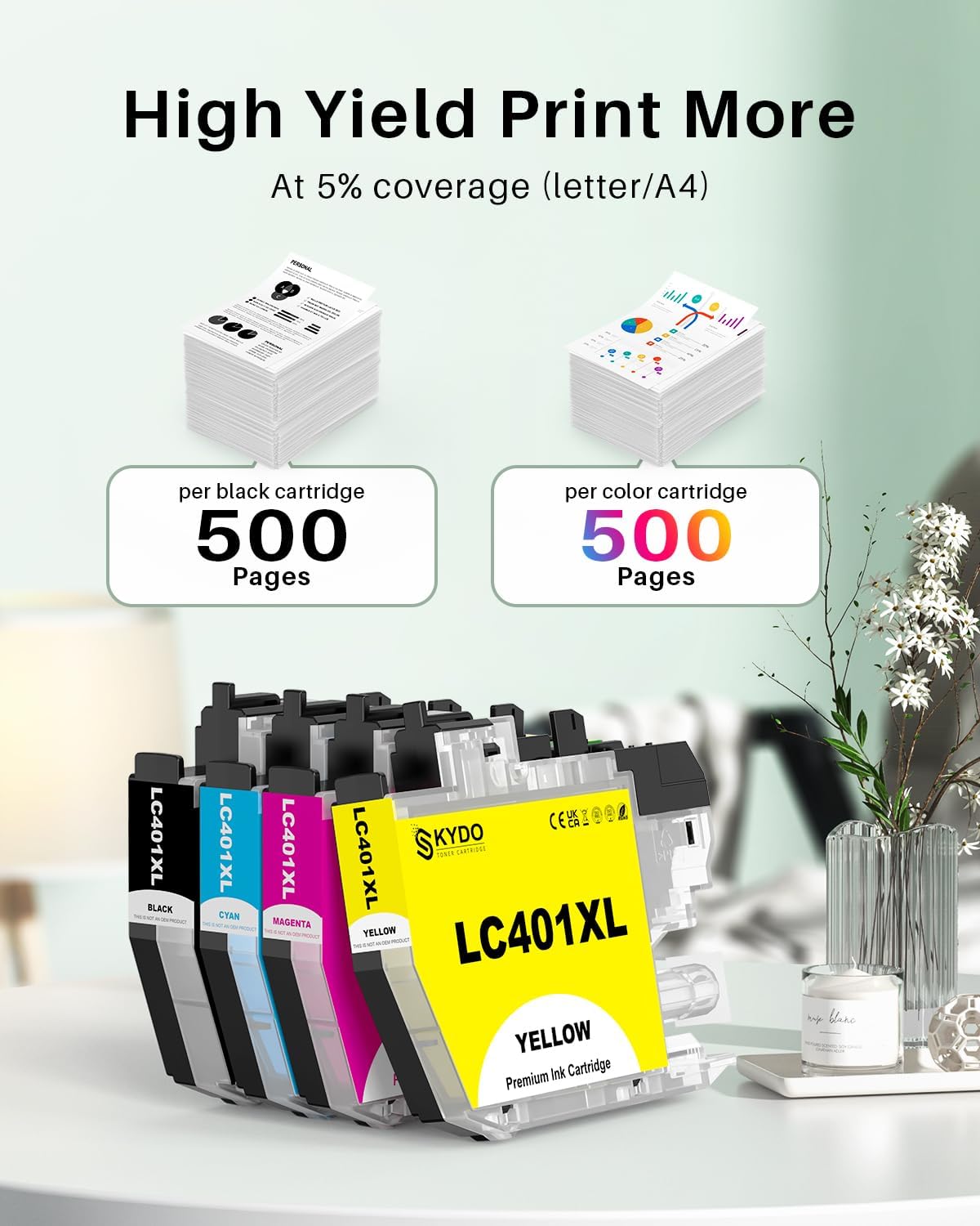 LC401XL Ink Cartridges 4 Pack Replacement for Printer Ink LC 401 XL High Yield Use for MFC-J1010DW MFC-J1012DW MFC-J1170DW MFC-J1800DW, Black Cyan Magenta Yellow