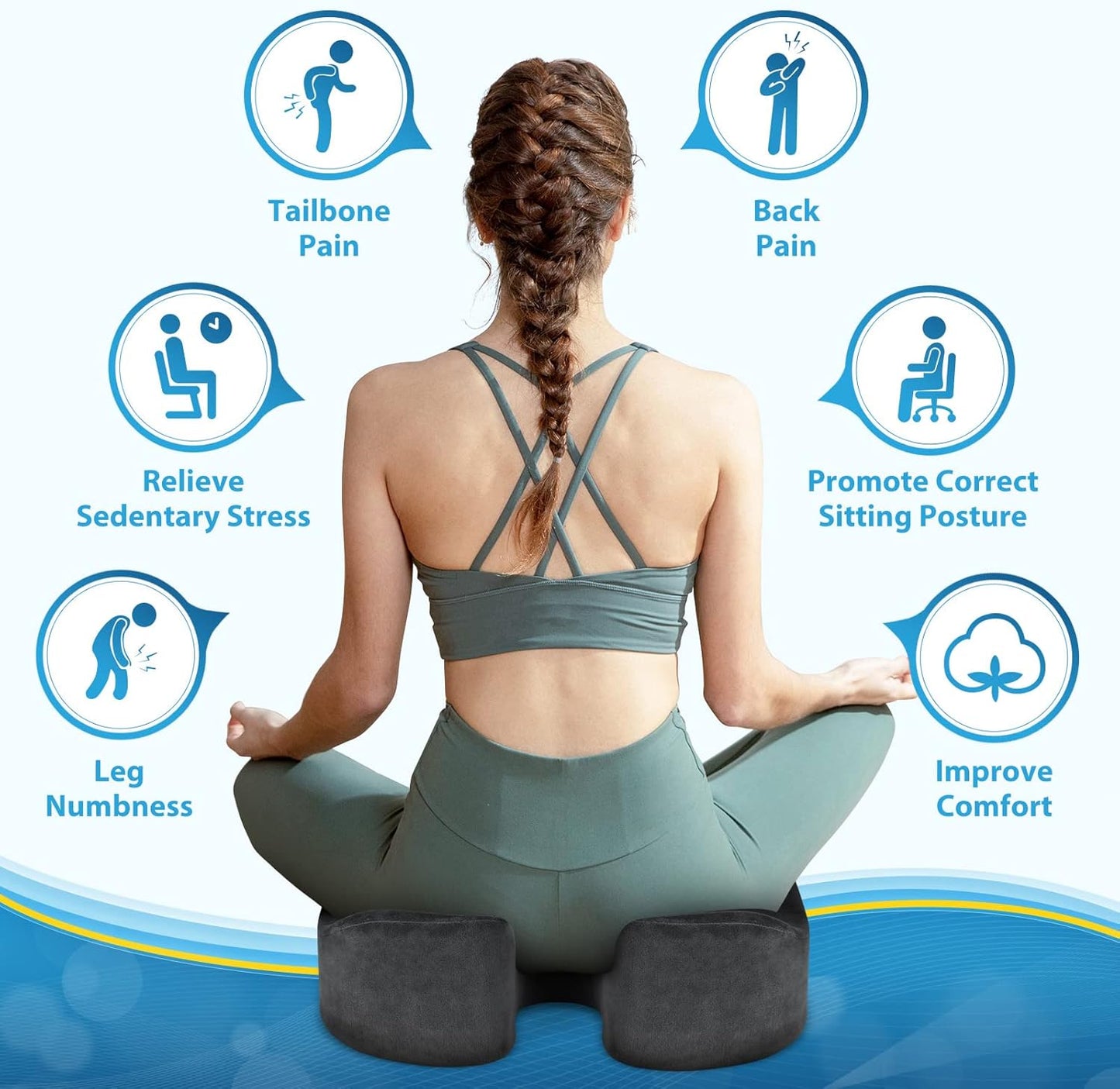 BlissTrends Seat Cushion,5.2in Thick Memory Foam Cushions for Office Chair, Car Seat, Airplane, Relieving Pressure Tailbone Sciatica Back Pain for Long Sitting Office Workers, Car Drivers Grey