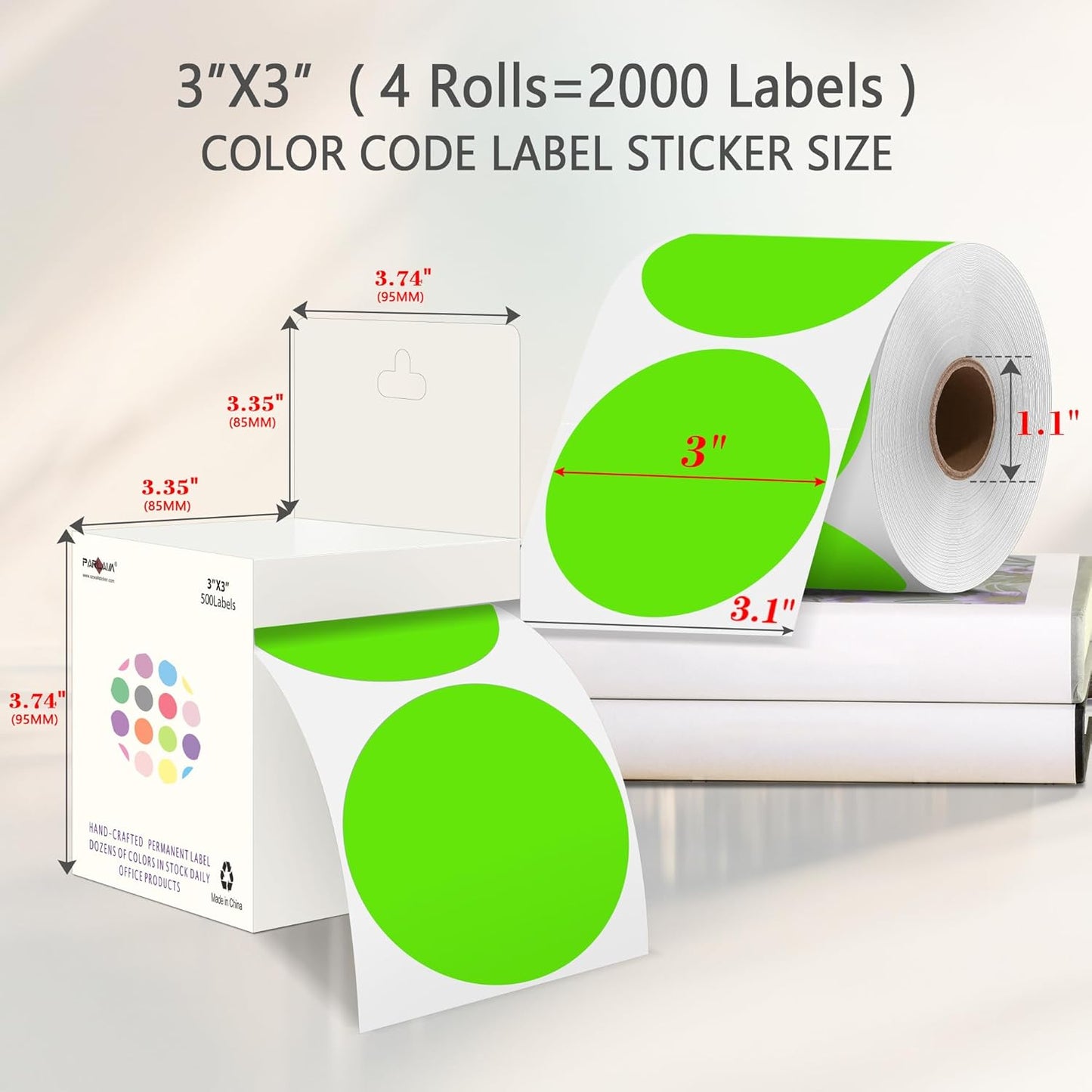 PARLAIM 3" Diameter Round Light Green Color Coding Sticker, 4 Rolls 2000PCS Circle Dot Label,Permanent for Inventory Box Labeling