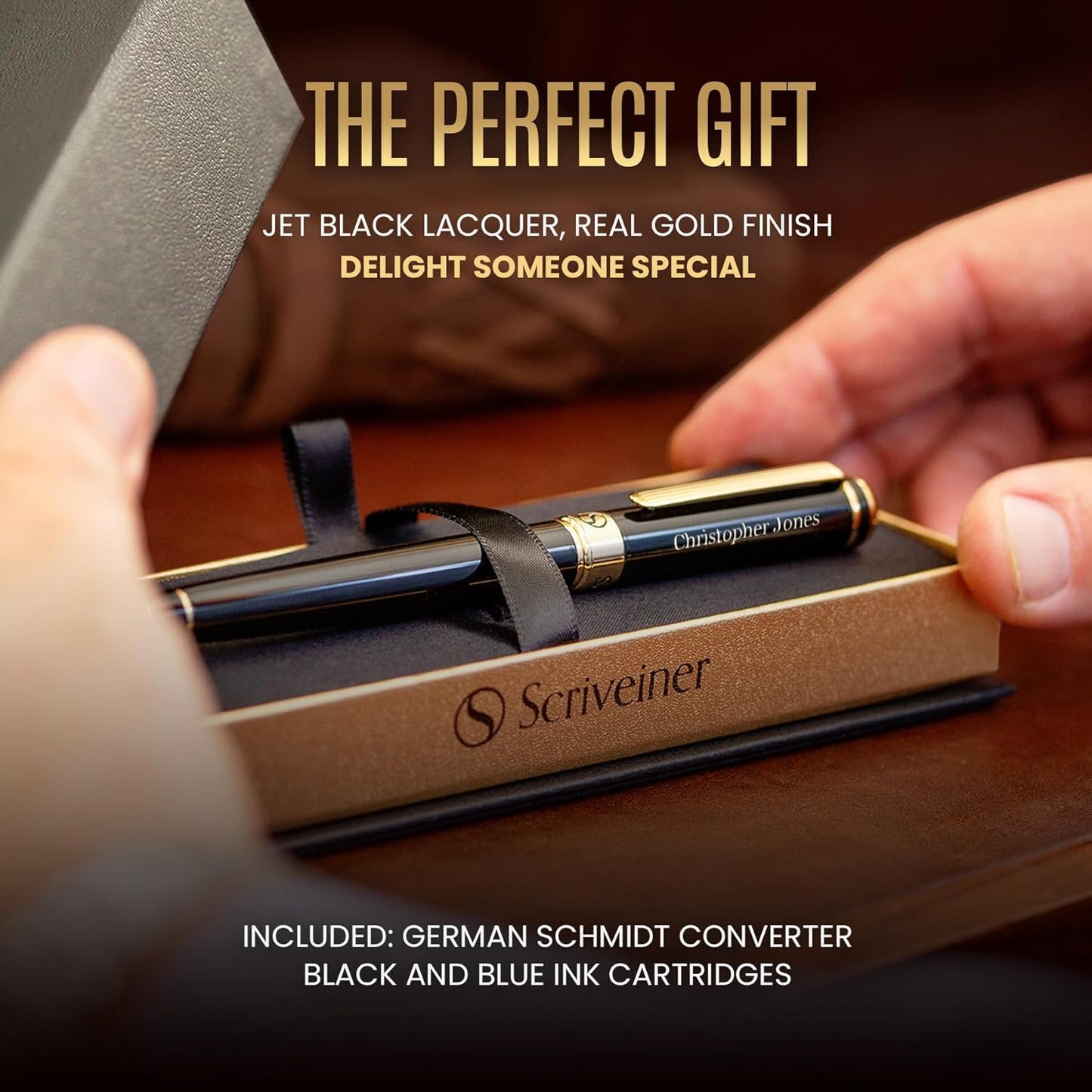Scriveiner Personalized Black Fountain Pen - Stunning Luxury Pen, Jet Black Lacquer, Real Gold Plating, German Schmidt Nib (Medium), Best Engraved Gift Set for Men & Women, Name Engraving