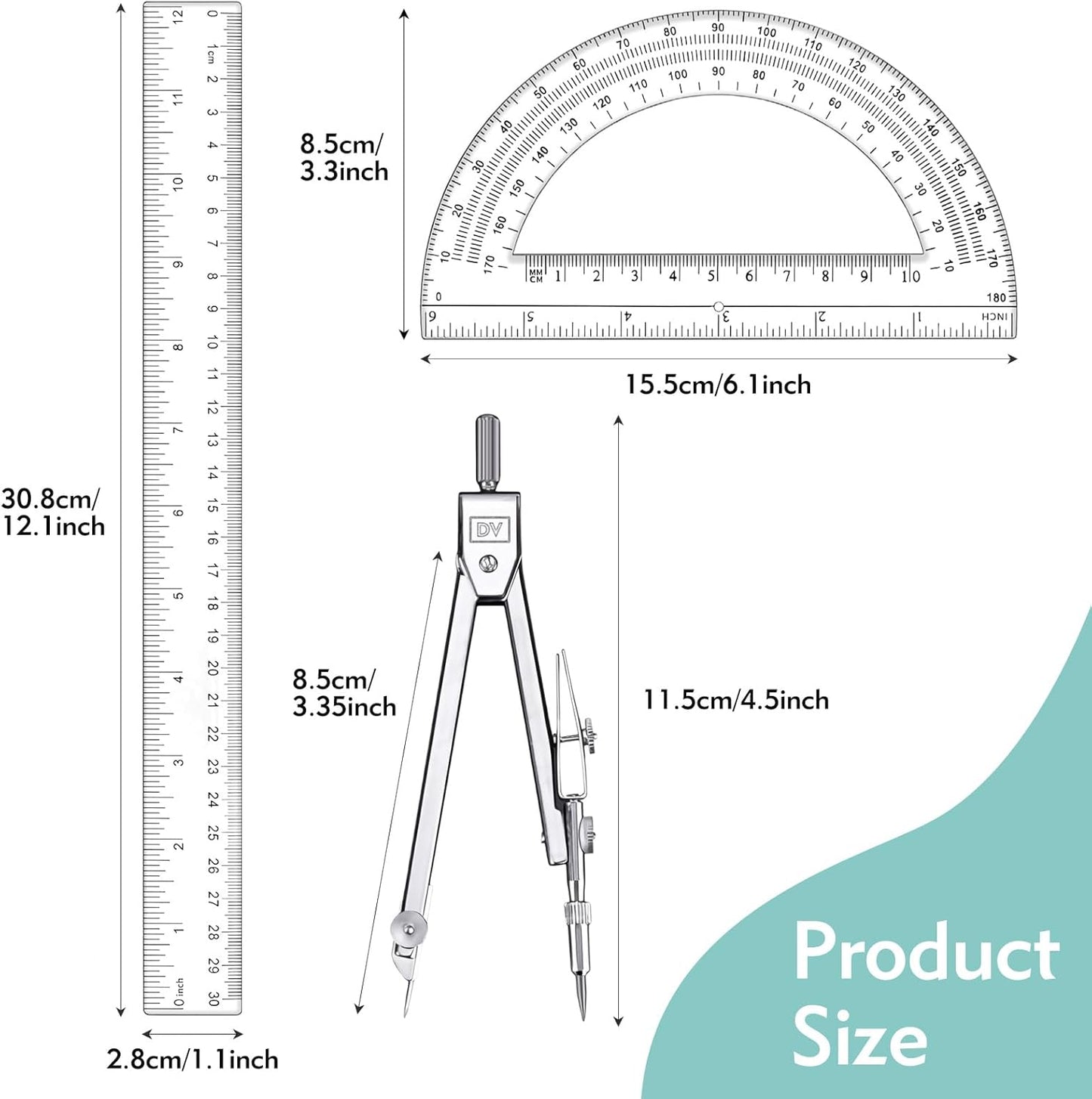 3 Pcs Plastic 12 Inch Ruler, Clear Protractor and Compasses Set for Student Geometry, Durable Transparent Drawing Measuring Rulers for School Office