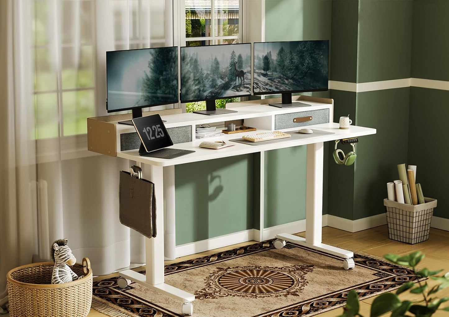 YDN Electric Standing Desk with Drawers, Adjustable Height Stand Up Desk, 59 inch Electric Sit Stand Computer Desk for Home Office, White