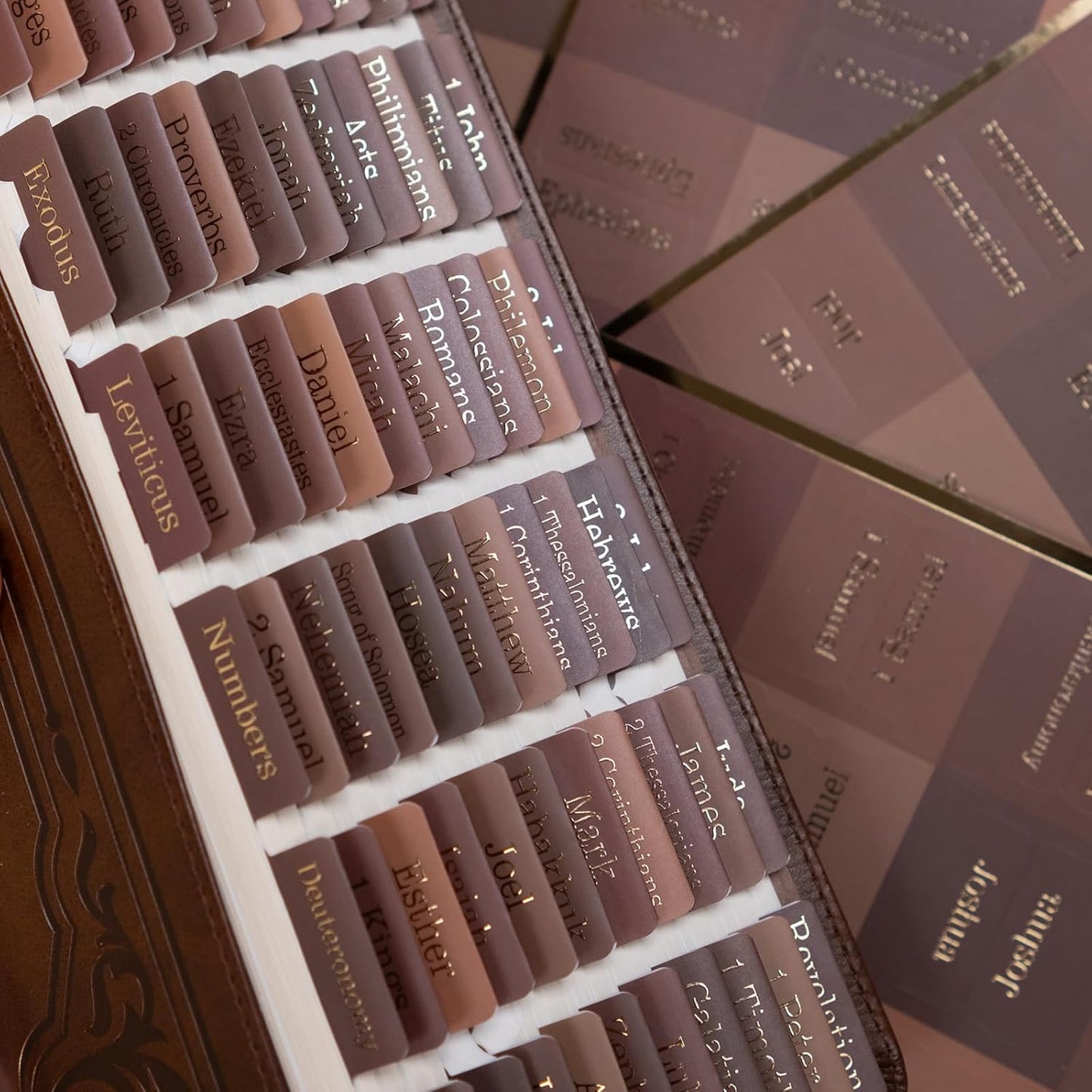 UPAFEXXI-Laminated Bible Tabs for Women and Men (Gold Foil Embossed Lettering) Reposition Large Print tabs, Easy to Read and Apply, 80 Bible Chapters Labels for Easy Navigation(Brown)