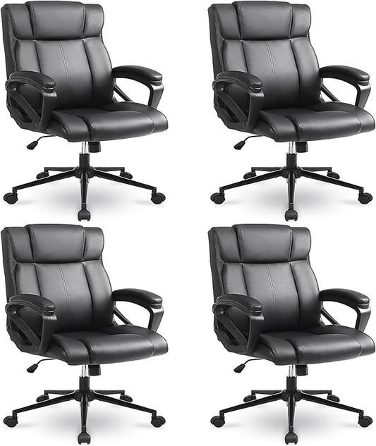Executive Office Chair, Ergonomic Home Office Desk Chair with Wheels, Thicken Armrest and Lumbar Support, Upholstered Leather Mid-Back Computer Gaming Chair (Black, Set of 4)