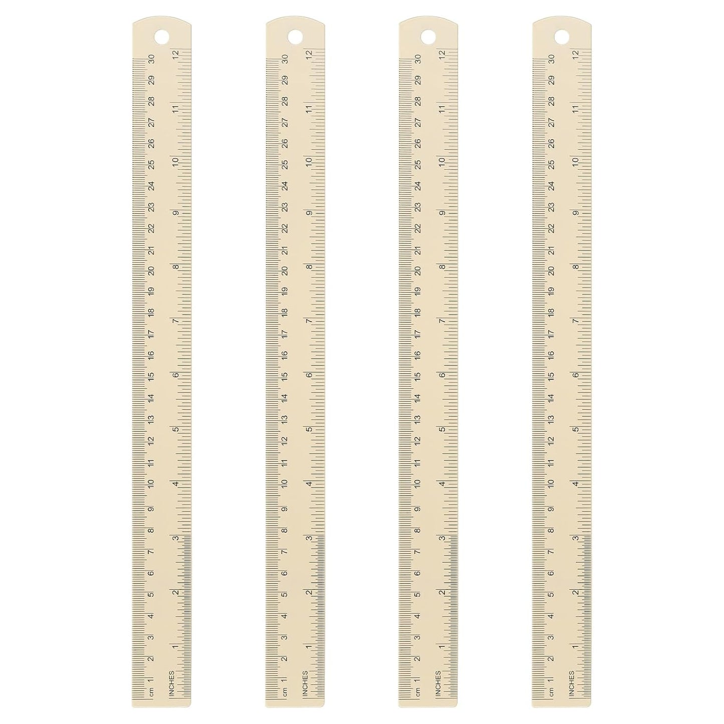 HARFINGTON 4pcs Metal Straight Ruler 30cm Metric SAE Aluminum Alloy Measuring Rulers Scale Tool with Hole for Measure Study Reading Classroom Office, Beige