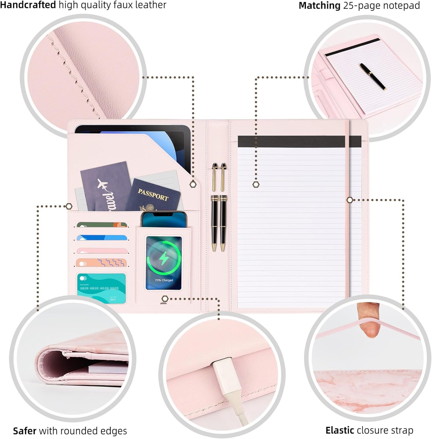 Ospelelf Pink Padfolio for Women Storage Clipboard Folio with Notepad Leather Portfolio Binder for Teacher