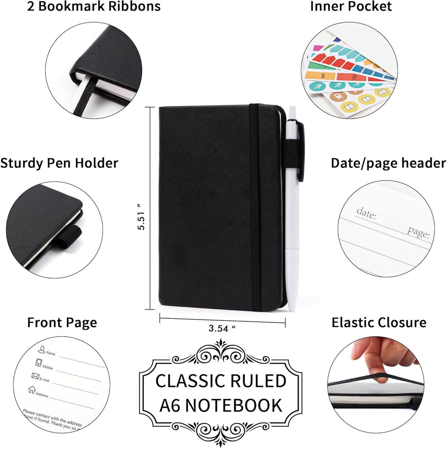 feela 15 Pack Pocket Small Notebooks Bulk, Mini Cute Notepads Hardcover College Ruled Lined Journals with Pen Holder for School Business Memos, with 15 Black Pens, 3.5”x 5.5”, A6, Black