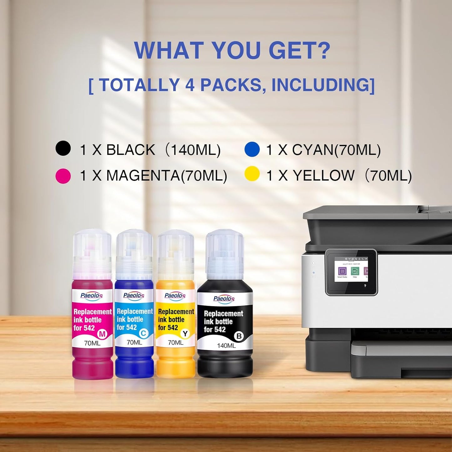 Compatible for 542 Ink Refill Bottles ET-5850 ET-5800 ET-16600 Replacement for 542 Ink Refill Bottles Work for ET-5800 ET-5850 ET-5880 ET-16600 ET-16650 ET-5150 ET-5170 ET-5180 (140ml BK, 70ml CMY)