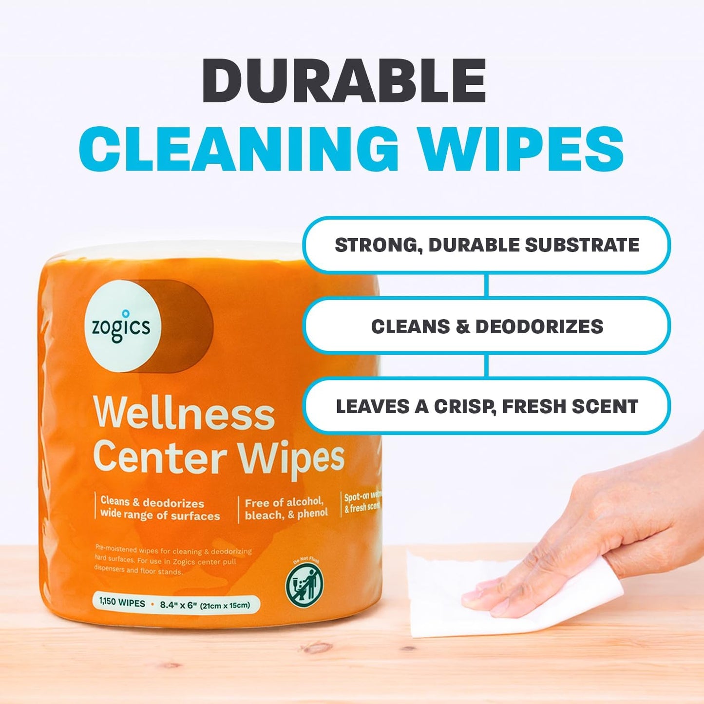 Zogics Wellness Center Cleaning Wipes – Gym Wipes for Cleaning Surfaces and Equipment, Durable and Safe Pre-Saturated Wet Wipes (1 Roll of 1,150 Wipes)
