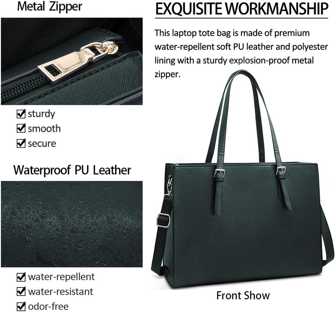 Laptop Bag for Women Waterproof Lightweight Leather 15.6 Inch Computer Tote Bag Business Office Briefcase Large Capacity Handbag Shoulder Bag Professional Office Work Bag Deepgreen