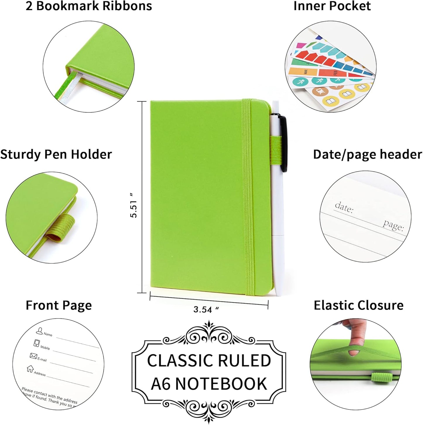 feela 15 Pack Pocket Small Notebooks Bulk, Mini Cute Memo Notepads Hardcover College Ruled Lined Journals with Pen Holder for Women Girls Office School, with 15 Black Pens, 3.5”x 5.5”, A6, Green