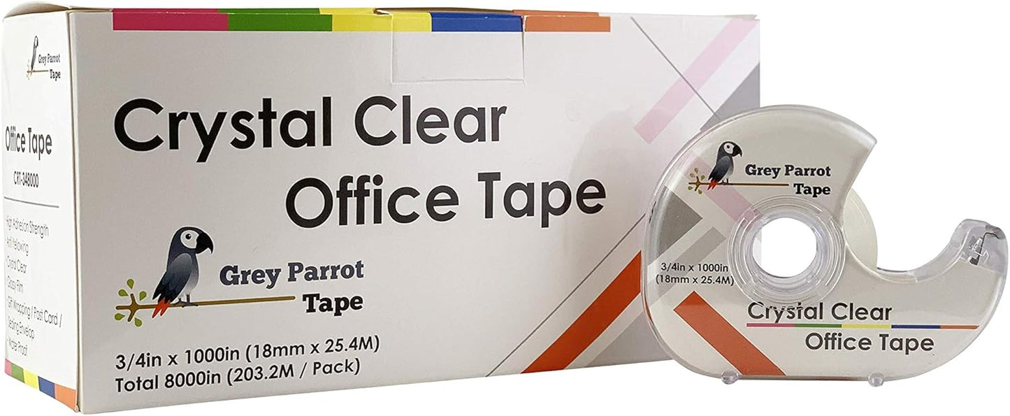 Greyparrot Office Clear Office Refill Tape Rolls + Dispenser(8 Pack),(3/4” X 1000in/pack). for Craft Jobs, Gift Wrapping, Office Work Clear(Transparent) Glossy Finish, Refillable (8000 inch/total)