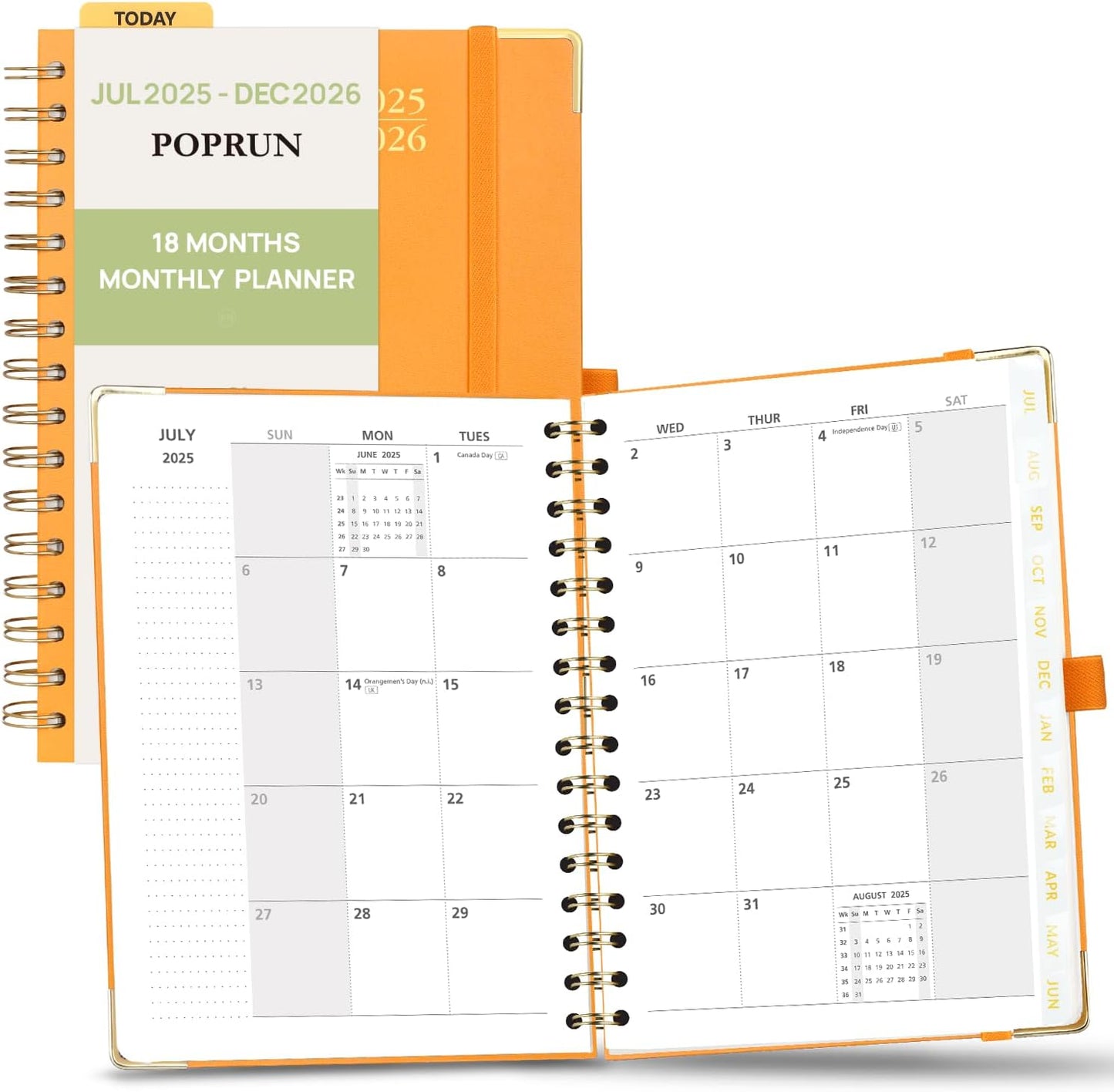 POPRUN Monthly Planner 2025-2026 Spiral Hardcover (6.25'' x 8.5''), 18 Months Calendar (Jul.2025 - Dec.2026)- 2 Pages per Month with Dotted Note Pages, Sunday Start, Laminated Tab - Orange