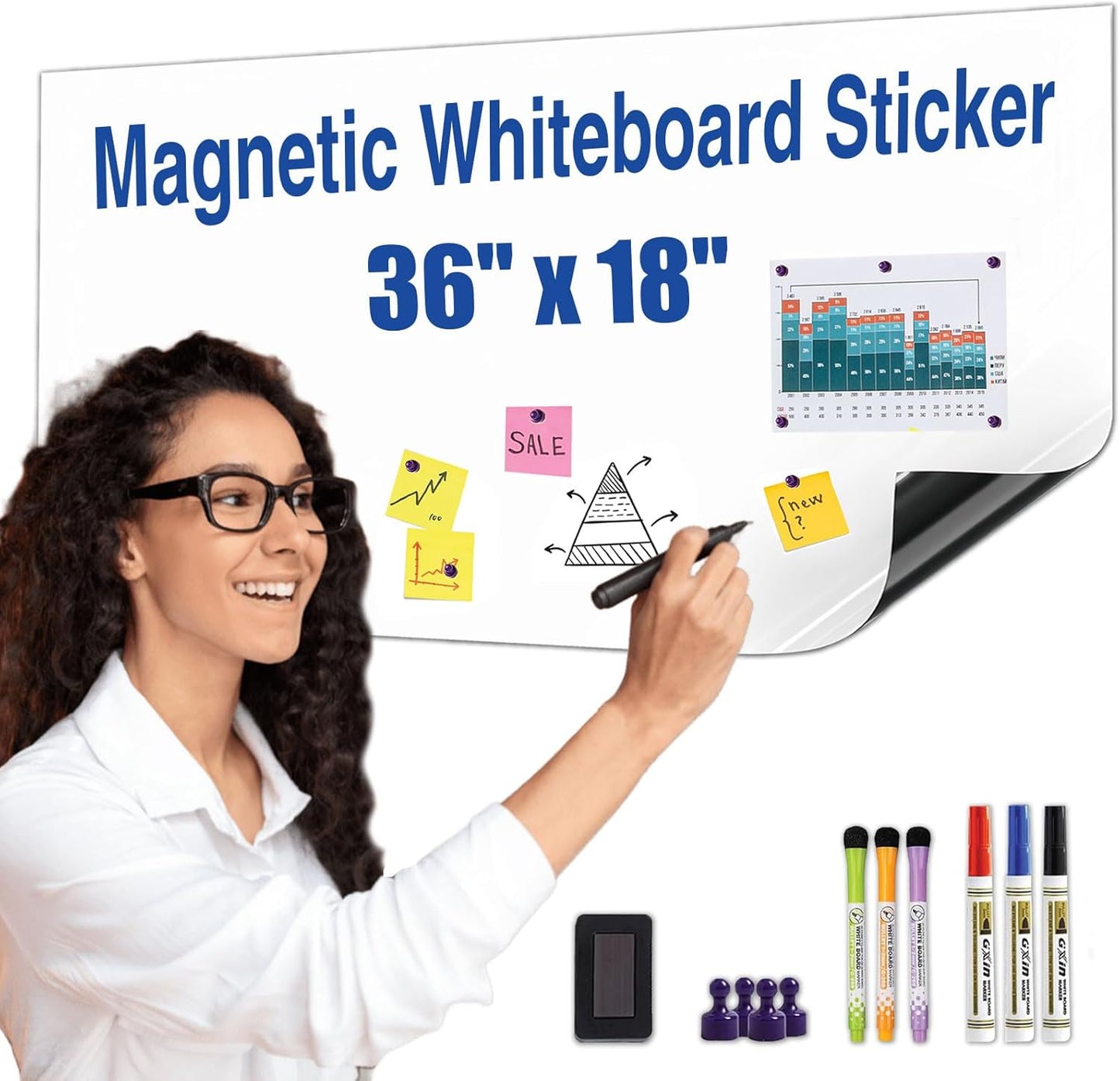 Magnetic Whiteboard Sticker - Adhesive Backing 36'' x 18'' Dry Erase Board for Wall Whiteboard Contact Paper for Office Home Include Starter Kit