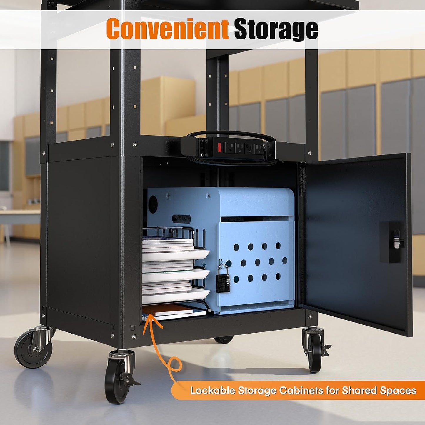 Steel Large AV Cart with Extra Storage - Adjustable Height Cart with Locking Cabinet, Pullout Tray, Power Strip, and Cord Management - Holds 300 lbs and Easy to Assemble (24'' x 18'' x 42'')