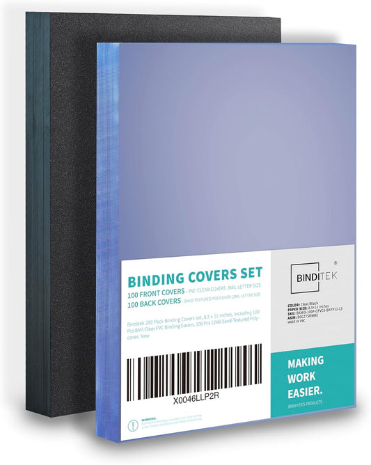 Binditek 200 Pack Binding Covers and Backs Set, 8.5 x 11 Inches, 100 Clear PVC (8Mil), 100 Sand-Textured Polycovers (12Mil), Letter Size