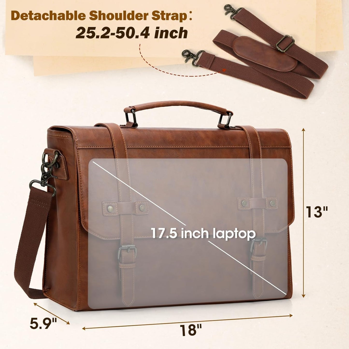 RAINSMORE Mens Messenger Bag 18 Inch Waterproof Vintage Leather Laptop Briefcase Large Laptop Bag Satchel Bag Computer Shoulder Bag for Office Business Travel College,Brown