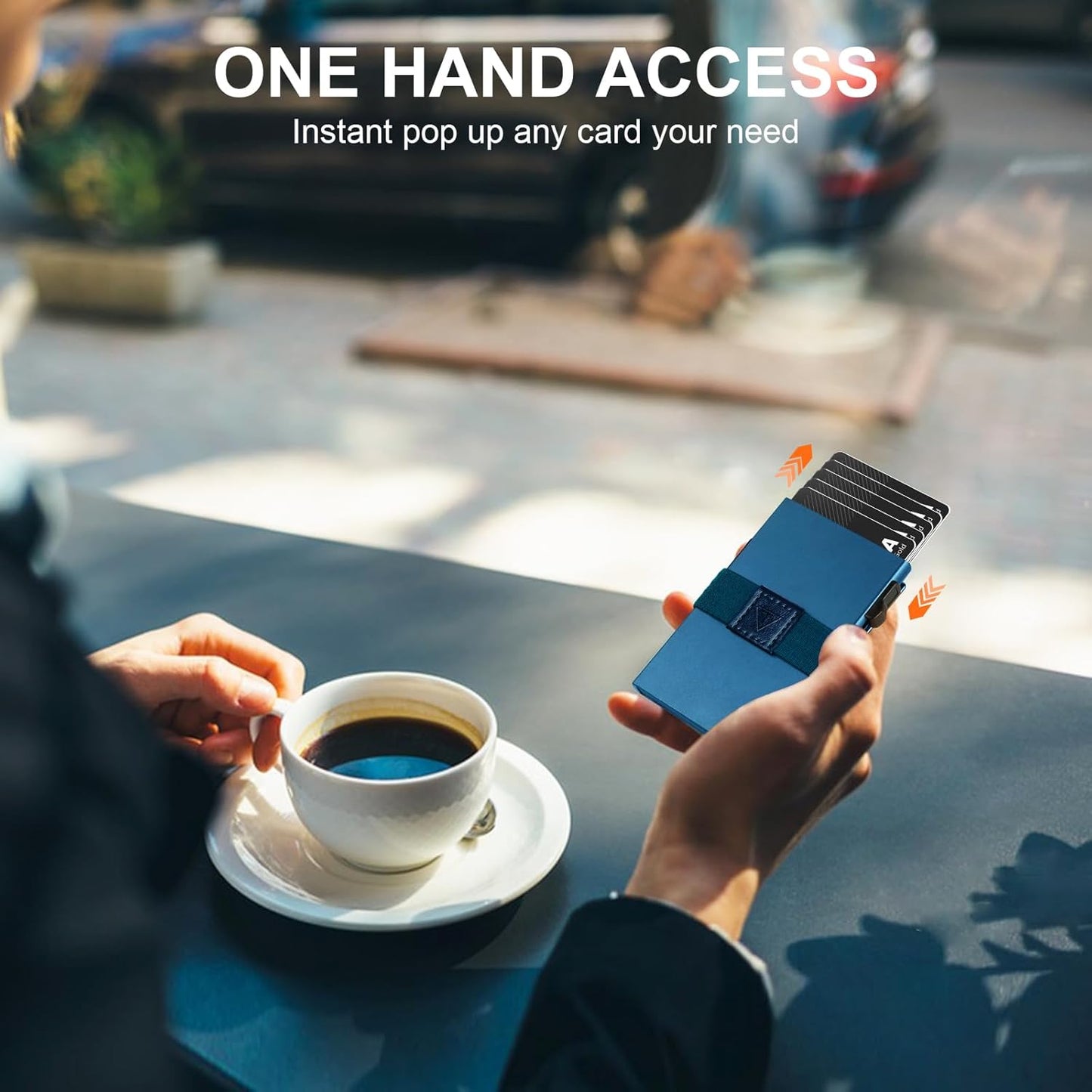 Slim Wallet for Men, Minimalist Pop Up Wallet, Metal Wallet, RFID Blocking Mens Wallets with Expandable Backplate & Cash Band, Holds 12+ Cards Plus Cash, Navy Blue