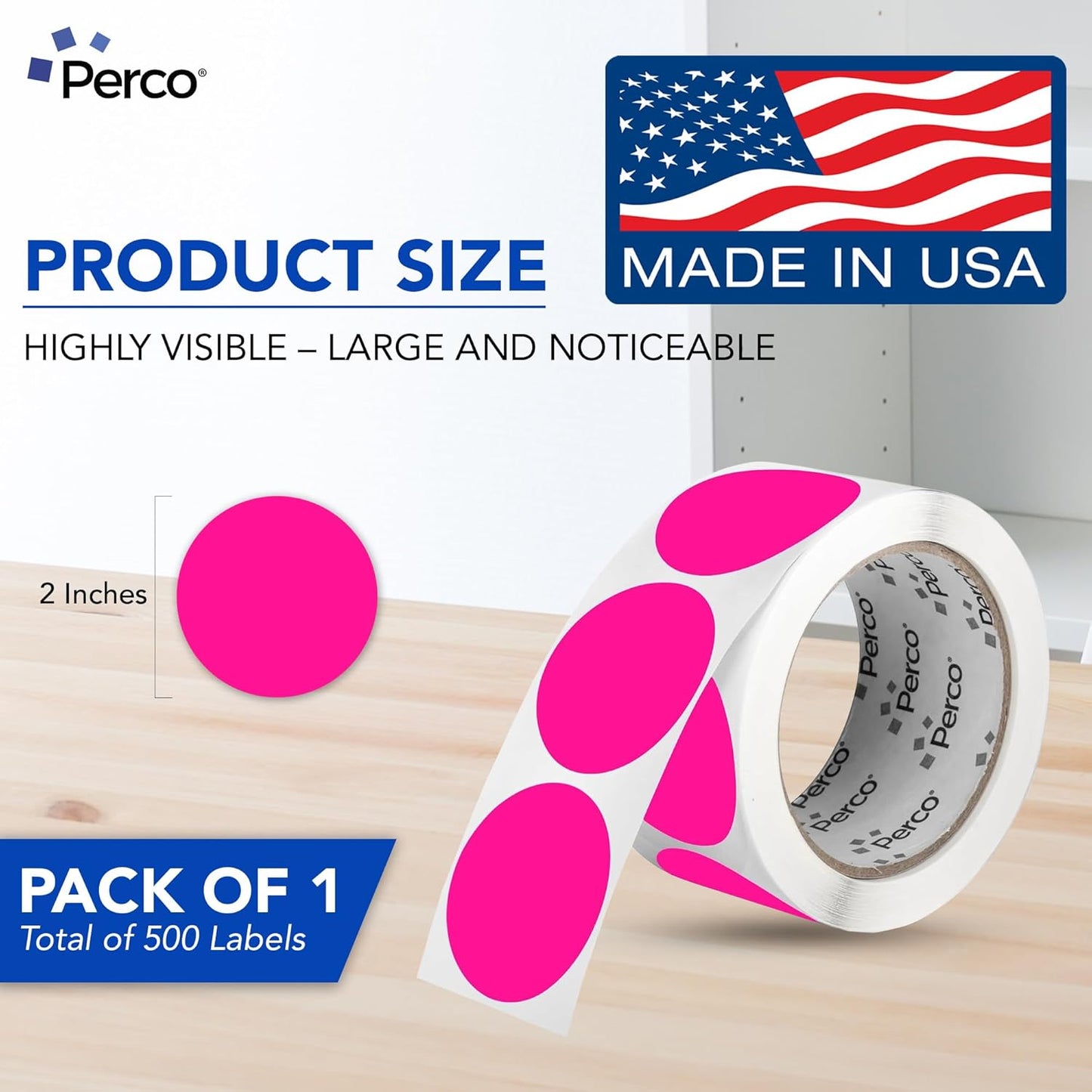 Perco Fluorescent Pink 2-Inch Round Circle Dot Sticker Labels with Easy Peel Perforation - 500 Labels per Roll - Strong Adhesion, Vibrant Colors for Organizing, Crafting & More - Made in USA