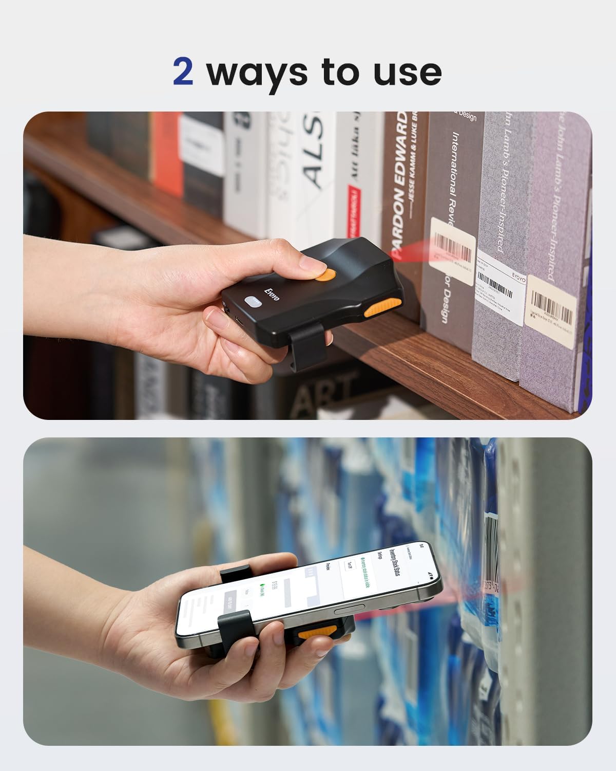 Eyoyo Bluetooth Barcode Scanner Wireless: Portable Phone Back Clip 1D Bar Code Reader for Library, Retail Store, Book Inventory - Fast UPC ISBN Scanner Compatible with 4.7"-7.2" Android Phone, iPhone