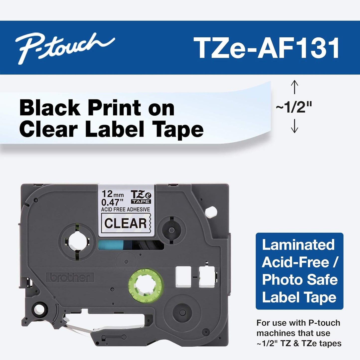 Brother Genuine P-touch TZE-MQG35 Tape, 1/2" (0.47") Wide Standard Laminated Tape, Black on Clear, Laminated for Indoor or Outdoor Use, Water-Resistant, 0.47" x 26.2' (12mm x 5M), TZeAF131