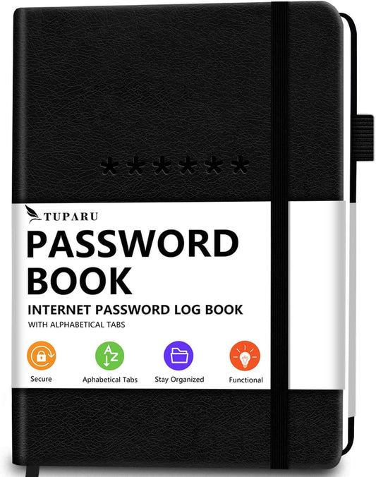Password Book with Alphabetical Tabs – Hardcover Internet Address & Password Organizer – Password Keeper Notebook for Computer & Website – 7 x 10" Log-in Password Journal w/Thick Paper (Black)
